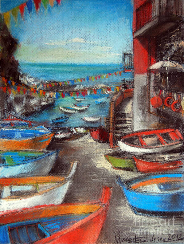 Fishing Boats In Riomaggiore Art Print featuring the pastel Fishing Boats In Riomaggiore by Mona Edulesco