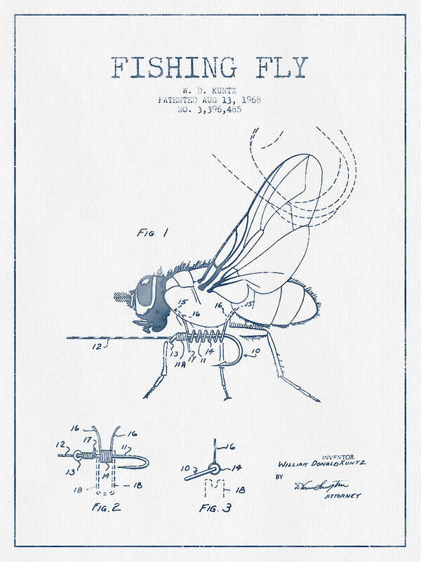 Fishing Fly Art Print featuring the digital art Fishing fly patent drawing from 1968 - Blue Ink by Aged Pixel