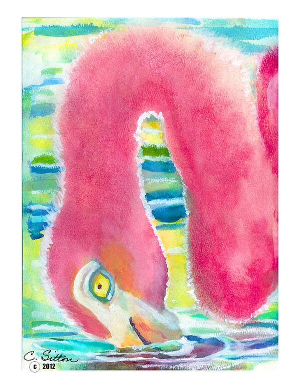 C Sitton Painting Paintings Art Print featuring the painting Flamingo Eating by C Sitton