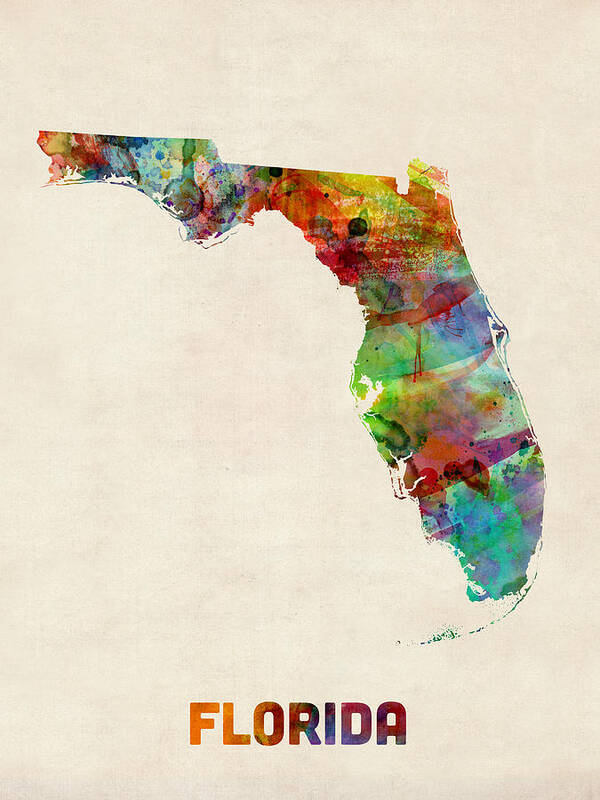 United States Map Art Print featuring the digital art Florida Watercolor Map by Michael Tompsett
