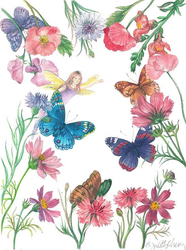 Flower Fairy Art Print featuring the painting Flower Fairy Illustrated Butterfly by Judith Cheng