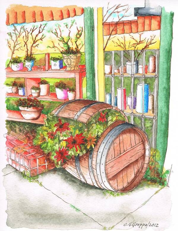Nature Art Print featuring the painting Barrel with flowers in a flower shop in West Hollywood - California by Carlos G Groppa