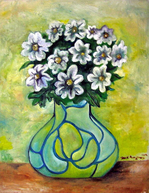 Flowers Floral Yellow Green Blue Art Print featuring the painting Flowers for Jenny by Martel Chapman