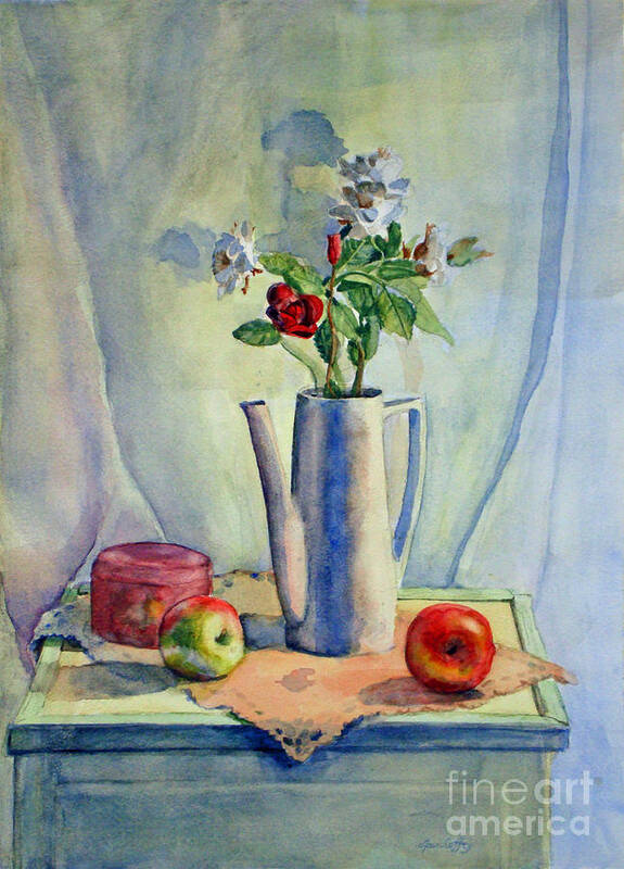 Watercolors Art Print featuring the painting Flowers in Pitcher with Apples by Joan Coffey