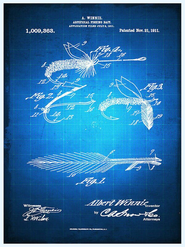Artificial Fishing Bait Art Print featuring the mixed media Fly Fishing Bait Patent Blueprint Drawing by Tony Rubino