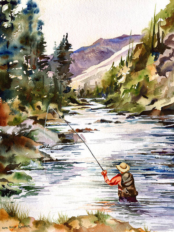 Fly Fishing Girl Happily Poster Art Print by Motelo Hocla