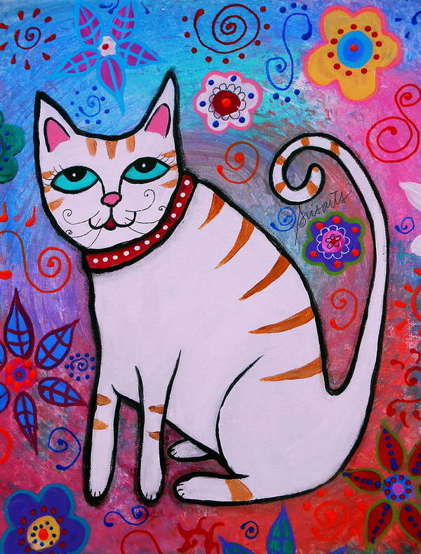 Cat Art Print featuring the painting Folk art White Cat by Pristine Cartera Turkus