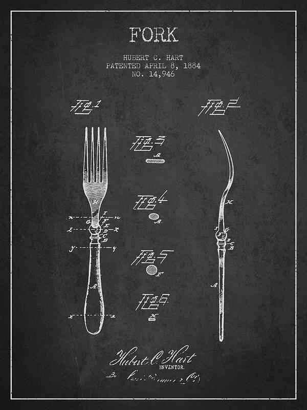 Fork Art Print featuring the digital art Fork Patent from 1884 - Dark by Aged Pixel