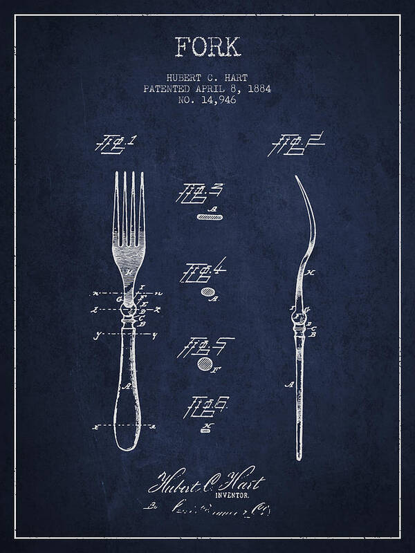 Fork Art Print featuring the digital art Fork Patent from 1884 - Navy Blue by Aged Pixel