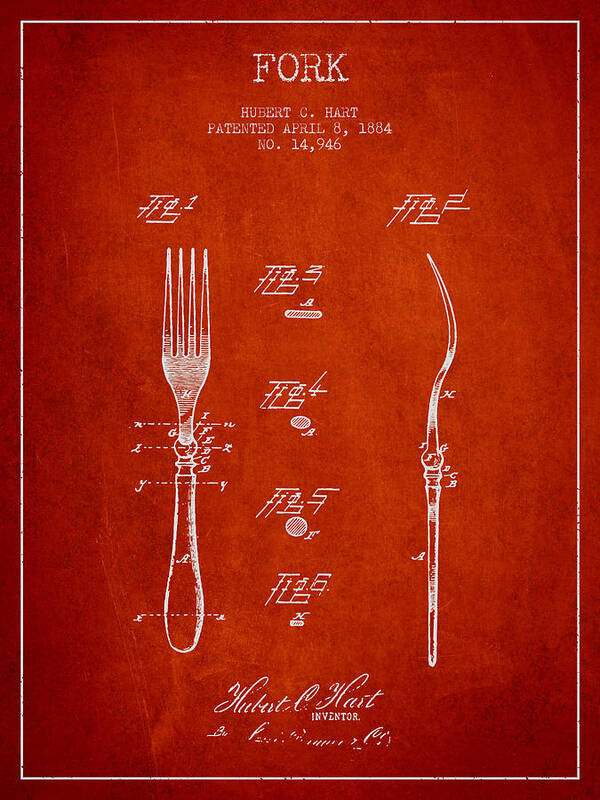 Fork Art Print featuring the digital art Fork Patent from 1884 - Red by Aged Pixel