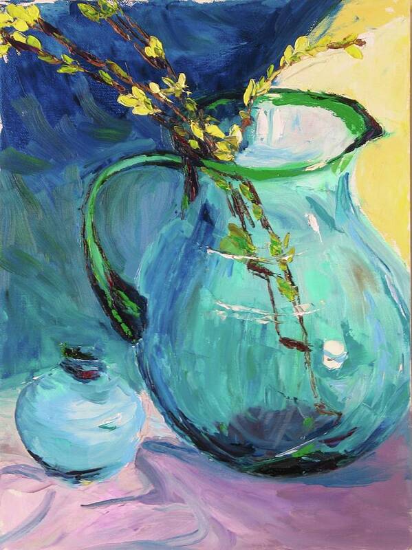 Flower Art Print featuring the painting Forsythia in a Glass Jar by Nicolas Bouteneff