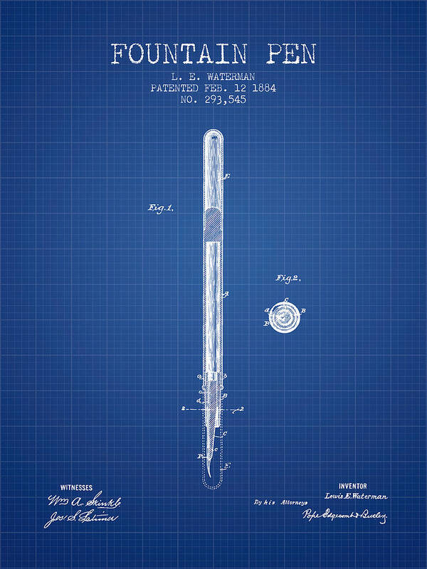 Pen Art Print featuring the digital art Fountain Pen patent from 1884 - Blueprint by Aged Pixel