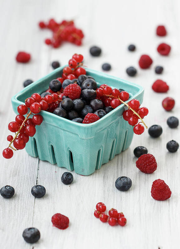 Black Color Art Print featuring the photograph Fresh Berries In Farmer Bowl by Julia Khusainova