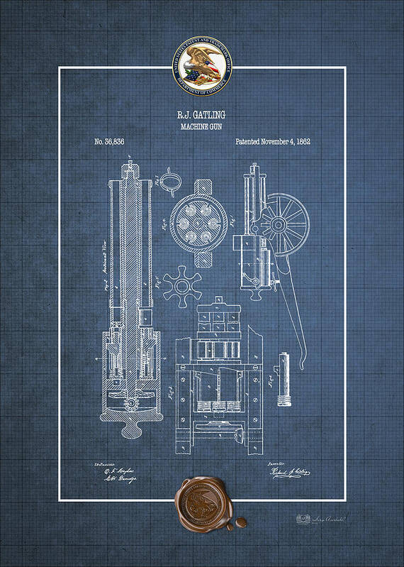 C7 Vintage Patents Weapons And Firearms Art Print featuring the digital art Gatling Machine Gun - Vintage Patent Blueprint by Serge Averbukh