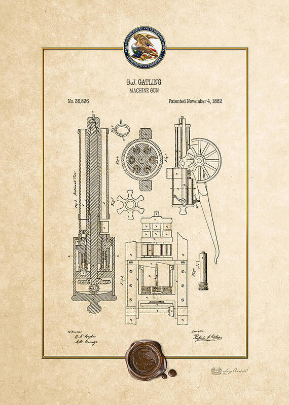 C7 Vintage Patents Weapons And Firearms Art Print featuring the digital art Gatling Machine Gun - Vintage Patent Document by Serge Averbukh