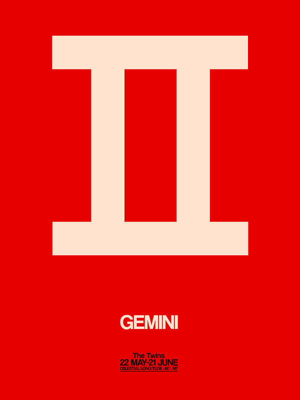 Gemini Art Print featuring the digital art Gemini Zodiac Sign White on Red by Naxart Studio