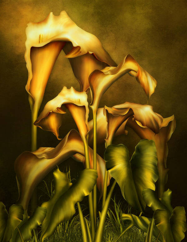 Realism Art Print featuring the mixed media Golden Lilies By Night by Georgiana Romanovna