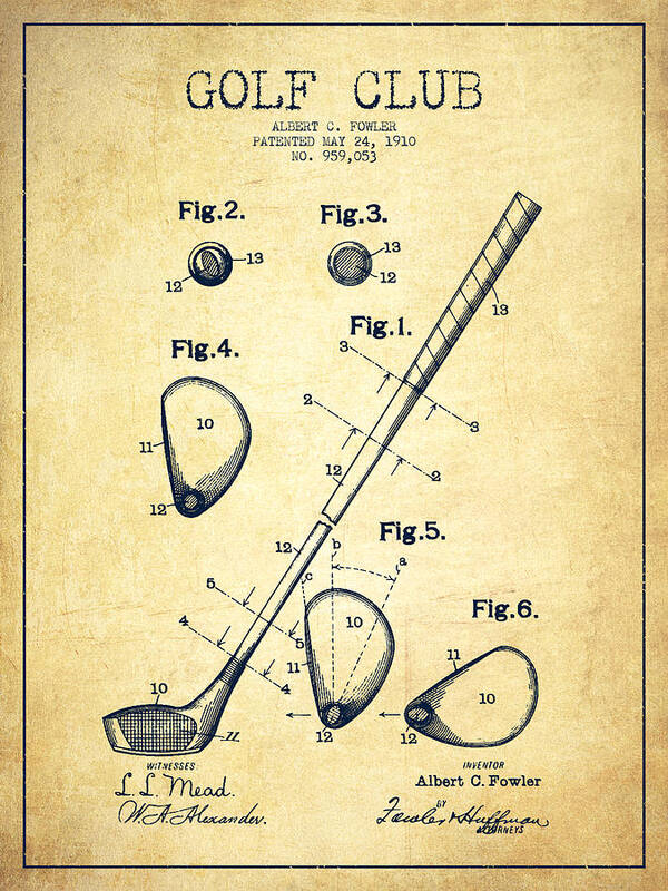 Golf Art Print featuring the digital art Golf Club Patent Drawing From 1910 - Vintage by Aged Pixel