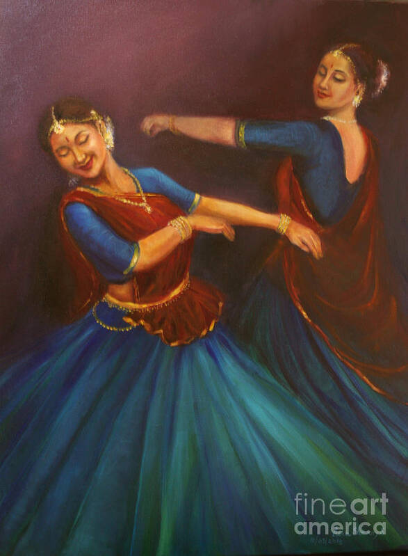 Kathak Dancers Art Print featuring the painting Gopis dancing to the flute of Krishna by Asha Sudhaker Shenoy
