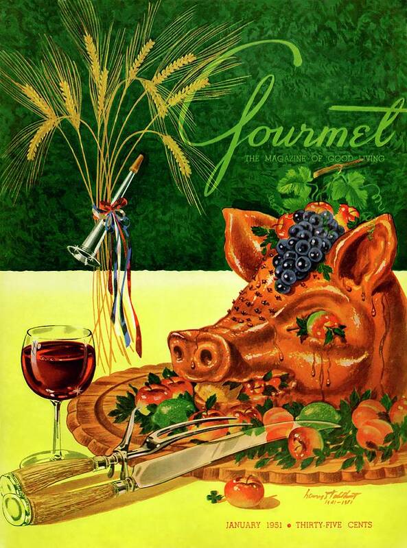 Illustration Art Print featuring the photograph Gourmet Cover Featuring A Pig's Head On A Platter by Henry Stahlhut