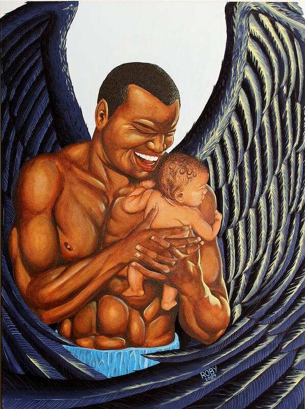 Strong African American Male Depicted As An Angel Holding An Infant. Art Print featuring the painting Guardian by William Roby