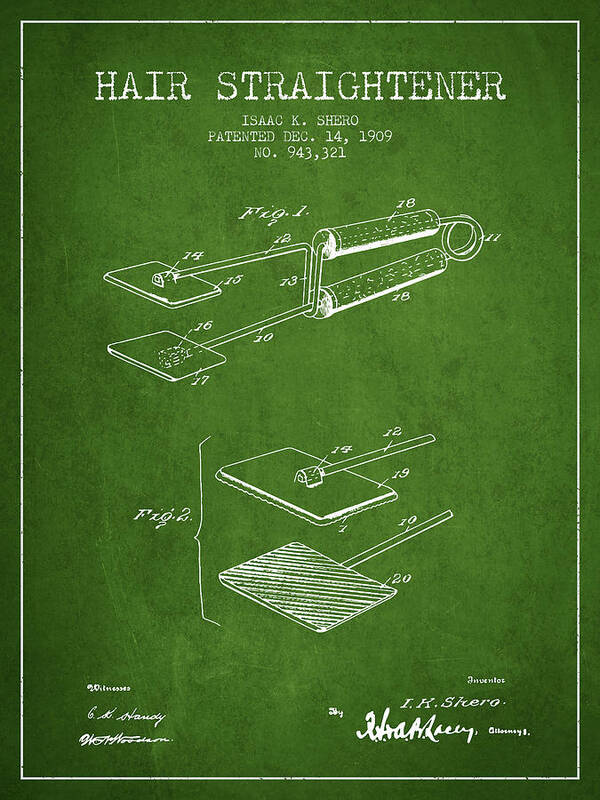 Hair Dryer Art Print featuring the digital art Hair Straightener Patent from 1909 - Green by Aged Pixel