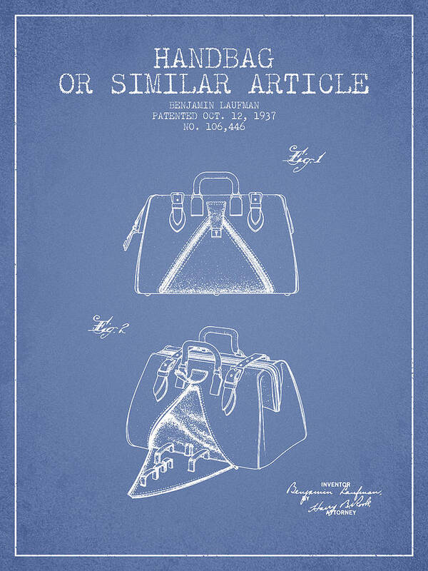 Purse Art Print featuring the digital art Handbag or similar article patent from 1937 - Light Blue by Aged Pixel