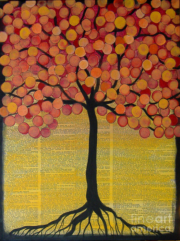 Tree Art Print featuring the mixed media Happy Tree In Orange by Lee Owenby