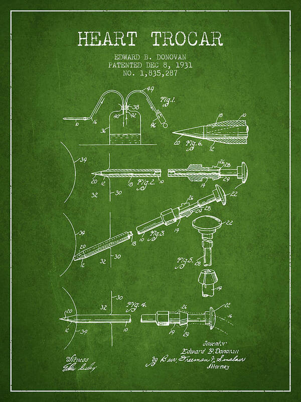 Heart Trocar Art Print featuring the digital art Heart Trocar patent from 1931 - Green by Aged Pixel