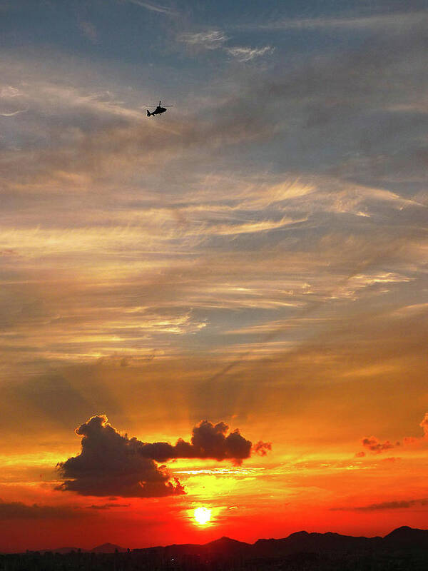 Seoul Art Print featuring the photograph Helicopter Above Sunset by Fidelis Simanjuntak