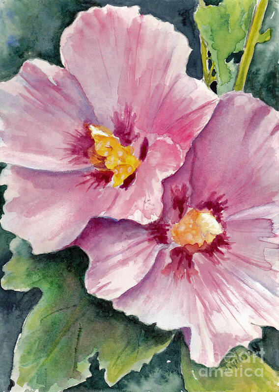 Hollyhocks Art Print featuring the painting Hollyhock Sisters by Jan Gibson