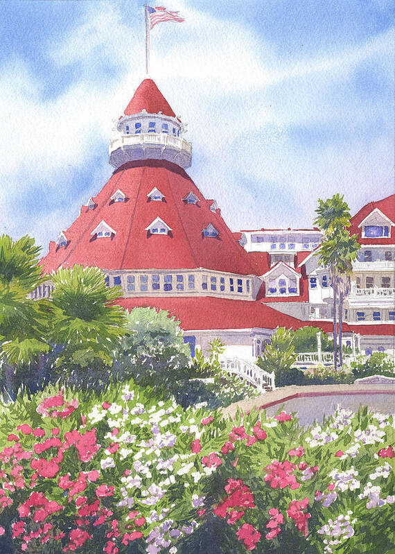 Coronado Art Print featuring the painting Hotel Del Coronado Palm Trees by Mary Helmreich
