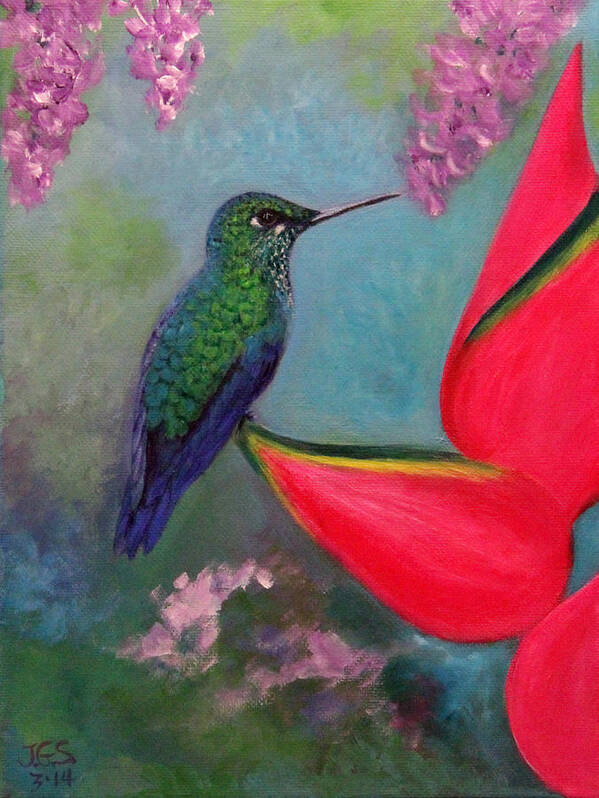 Birds Art Print featuring the painting Hummingbird and Heliconia by Janet Greer Sammons