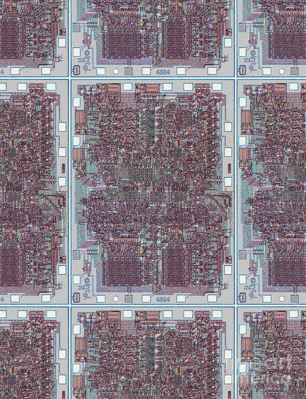 Computer Chip Chips High Tech Technology Intel Ibm Amd Silicon Wafer Wafers Nerd Geek Gift Memory Microprocessor Ram Sram Dram Cpu Mpu Dystopia Chipscapes Motherboards Electronics Electricity Laptop Desktop Server Network Networking Science Fiction Sifi Syfi 4004 P4004 D4004 C4004 Art Print featuring the photograph Intel 4004 - The Genesis by Steve Emery