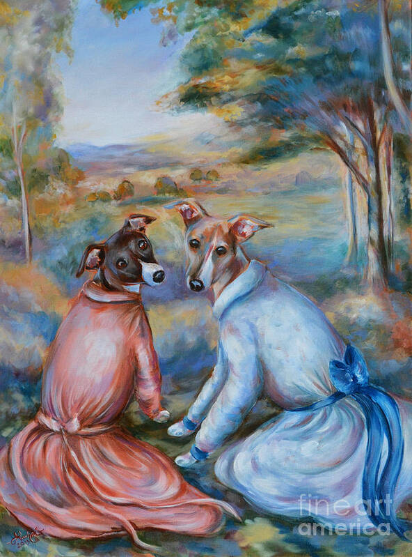 Italian Greyhounds Art Print featuring the painting Italian Greyhounds Renoir style by Lachri