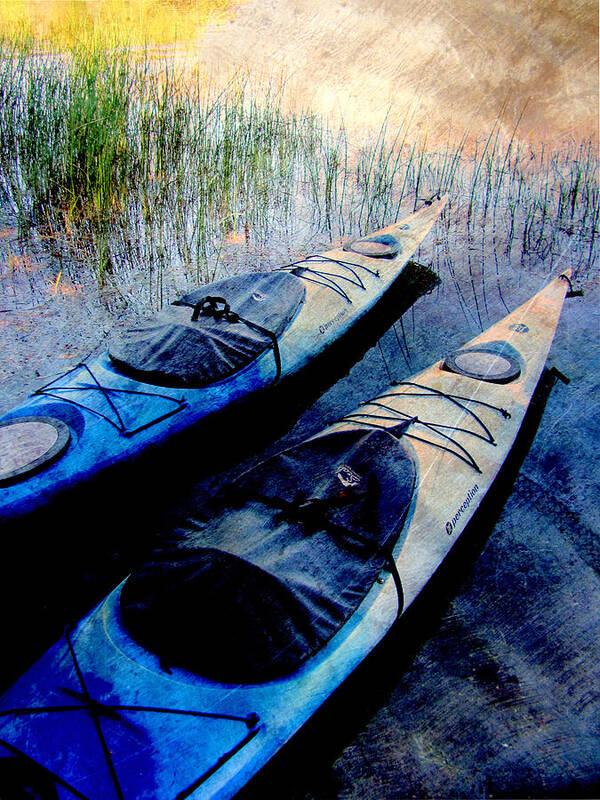 Kayak Art Print featuring the digital art Kayaks Resting w metal by Anita Burgermeister