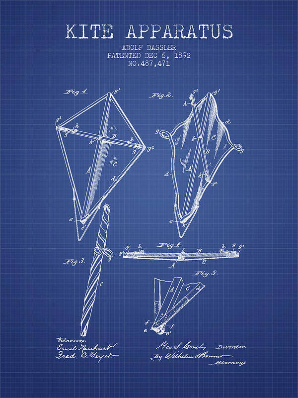 Kite Art Print featuring the digital art Kite Apparatus Patent from 1892 - Blueprint by Aged Pixel