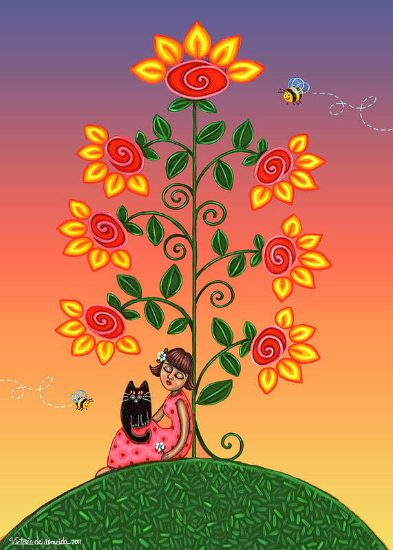 Folk Art Art Print featuring the painting Kitty and Bumblebees by Victoria De Almeida