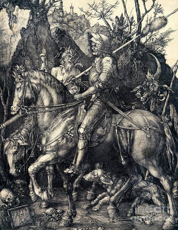 Knight Art Print featuring the drawing Knight Death and the Devil by Albrecht Durer