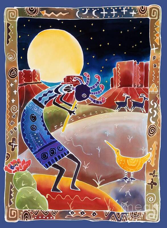 Kokopelli Art Print featuring the painting Kokopelli Sings Up the Moon by Harriet Peck Taylor