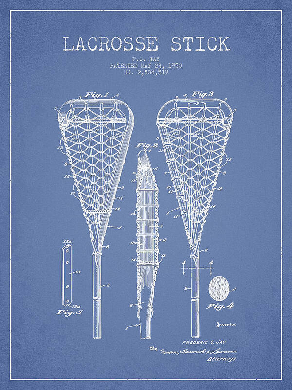 Lacrosse Art Print featuring the digital art Lacrosse Stick Patent from 1950- Light Blue by Aged Pixel