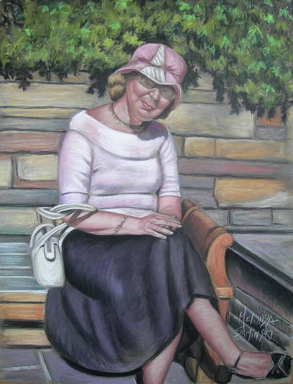 Women Art Print featuring the painting Lady Sitting on a Bench with Pink Hat by Melinda Saminski