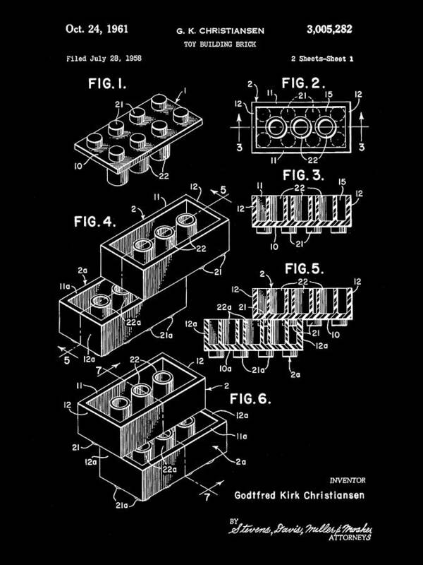 Lego Art Print featuring the digital art Lego Patent 1958 - Black by Stephen Younts