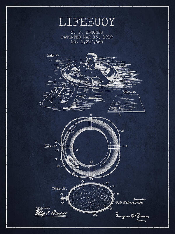 Lifebuoy Art Print featuring the digital art Lifebuoy Patent from 1919 - Navy Blue by Aged Pixel