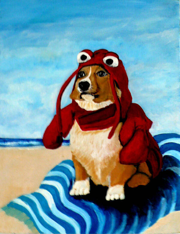 Cute Corgi Art Print featuring the painting Lobster Corgi on the Beach by Katy Hawk