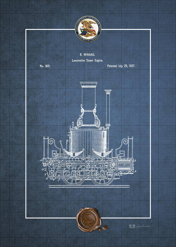 C7 Vintage Patents And Blueprints Art Print featuring the digital art Locomotive Steam Engine Vintage Patent Blueprint by Serge Averbukh