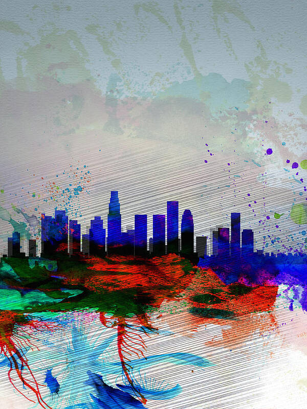 Los Angeles Art Print featuring the painting Los Angeles Watercolor Skyline 1 by Naxart Studio