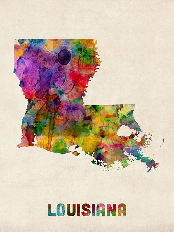United States Map Art Print featuring the digital art Louisiana Watercolor Map by Michael Tompsett