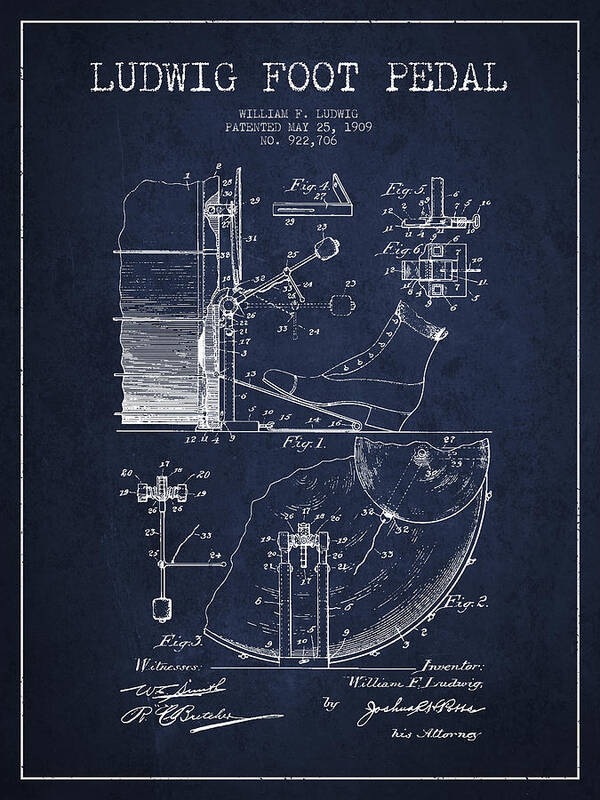 Foot Pedal Art Print featuring the digital art Ludwig Foot Pedal Patent Drawing from 1909 - Navy Blue by Aged Pixel