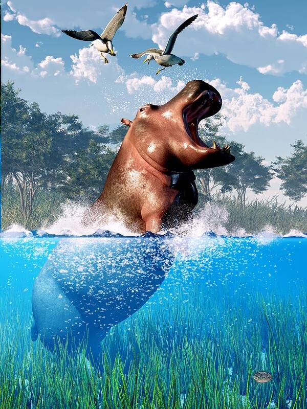 Hippo Art Print featuring the digital art Lunging Hippo by Daniel Eskridge